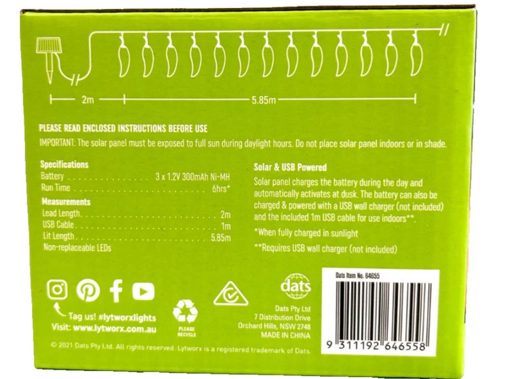 Lytworx 40-LED Colour-Changing Chilli Lights – Solar/USB