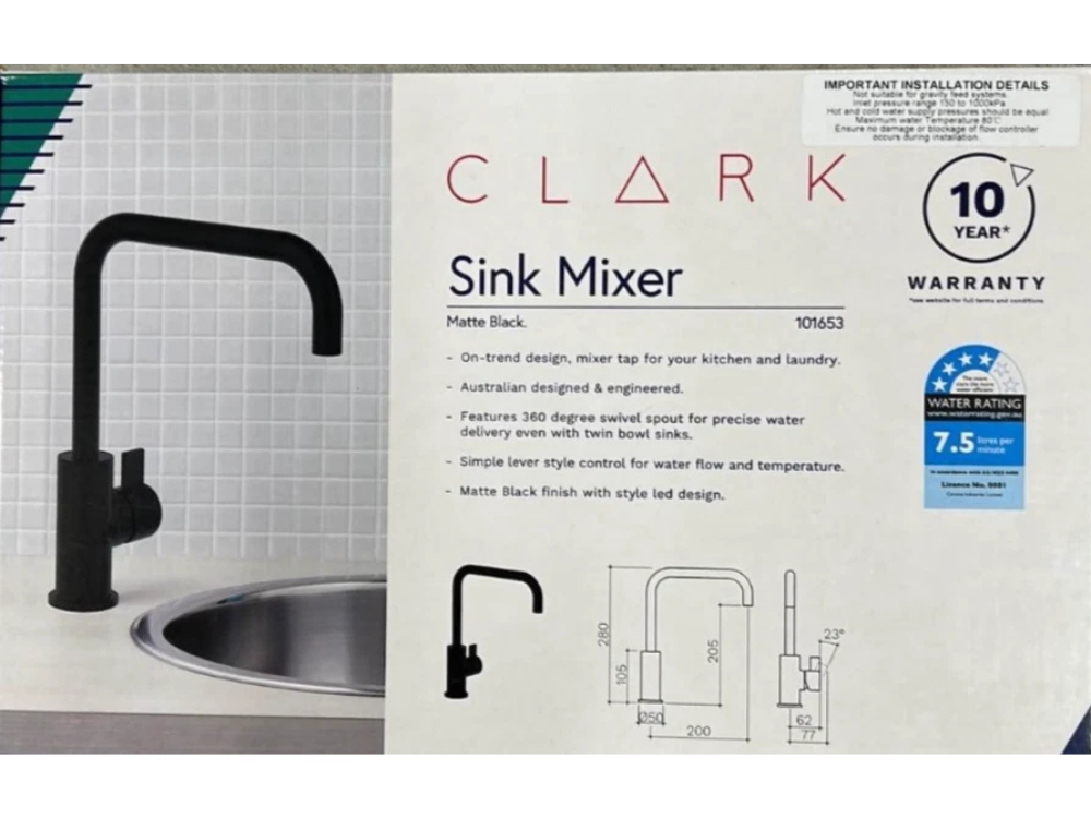 Clark Blade Sink Mixer – Matte, Round Swivel Spout (WELS)