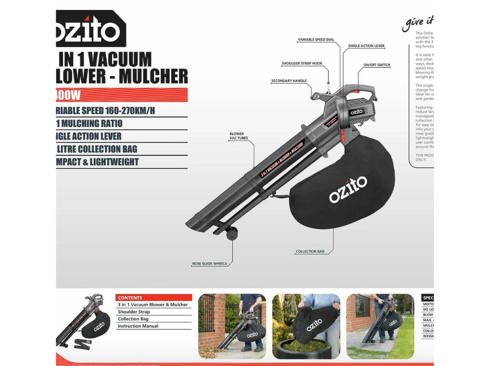 Ozito 3-in-1 Electric Blower Vacuum Mulcher – 40L Capacity