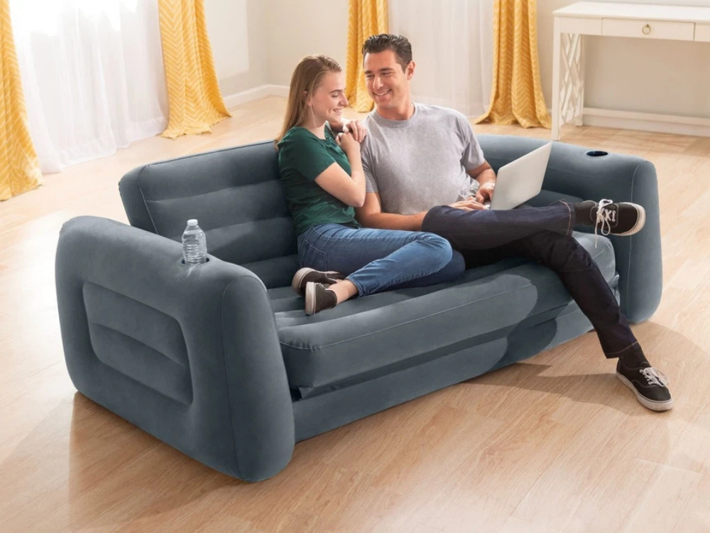Intex Inflatable Pull-Out Sofa Bed – Air Couch Lounge for Camping with Drink Holder
