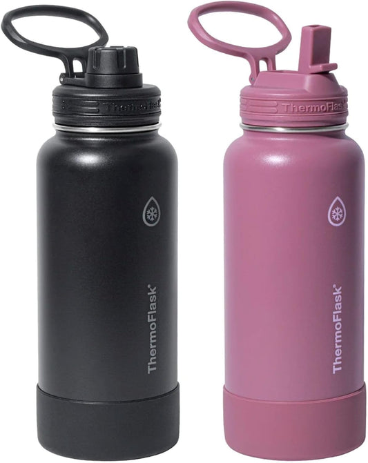 ThermoFlask Stainless Steel Water Bottle 32 oz Double Wall Vacuum Insulated 2 Pack (Black/Pink)