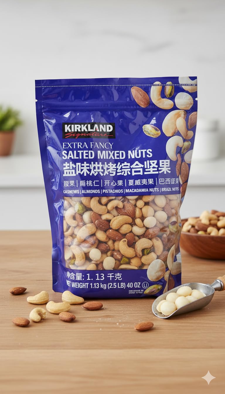 Kirkland Signature Extra Fancy Salted Mixed Nuts – 1.13kg (2.5lb) – Cashews, Almonds, Pistachios, Macadamias & Brazil Nuts