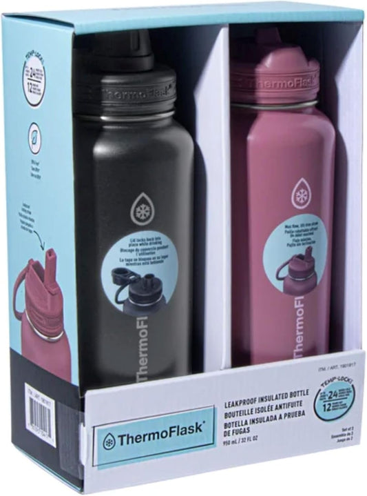 ThermoFlask Stainless Steel Water Bottle 32 oz Double Wall Vacuum Insulated 2 Pack (Black/Pink)