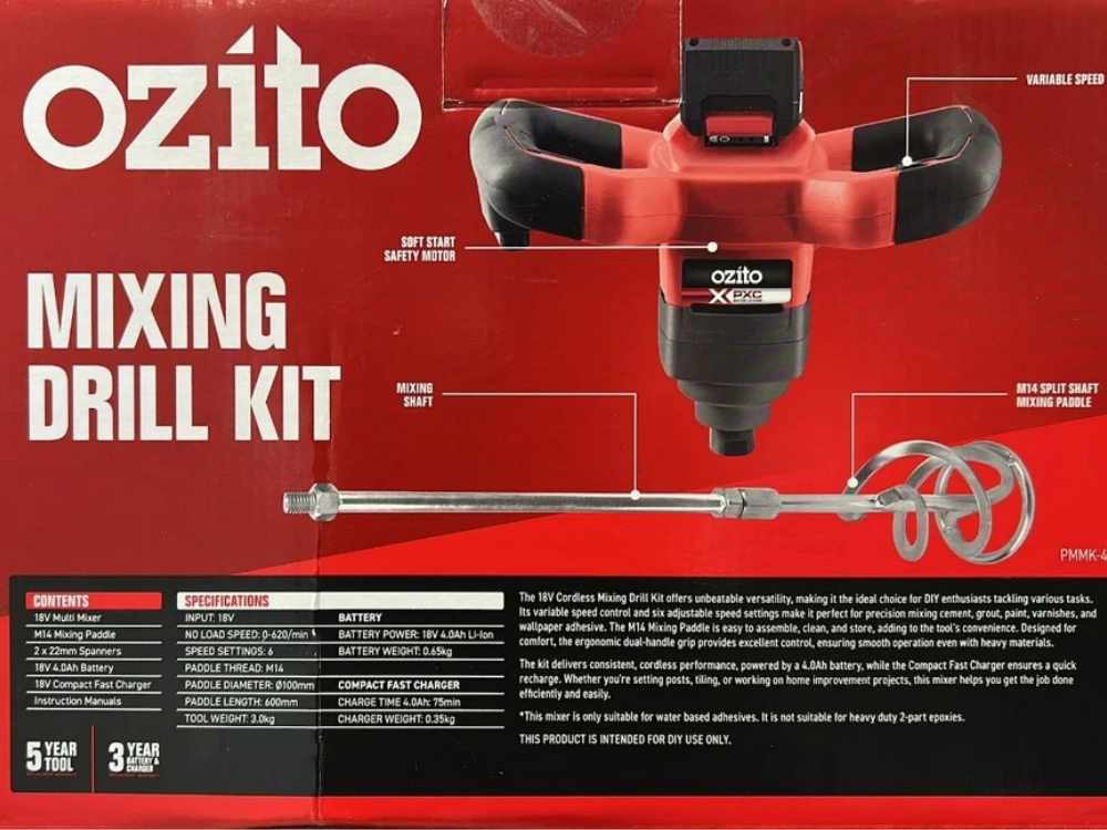 Ozito 18V PXC Mixing Drill Set – Cordless with 4.0Ah Battery & Charger