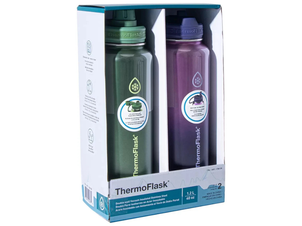 2x ThermoFlask Insulated Stainless Steel Water Bottles – 1.2L Double Wall