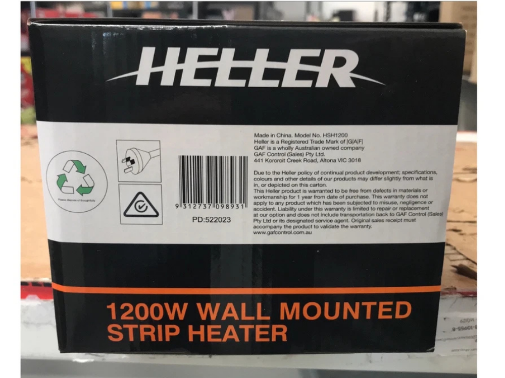 Heller 1200W Electric Strip Heater – 2-Bar Wall Mount with Pullcord & 2 Heat Settings