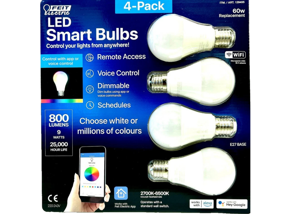 4x Feit Smart Colour LED Bulbs E27 – Dimmable, WiFi, Alexa & Google