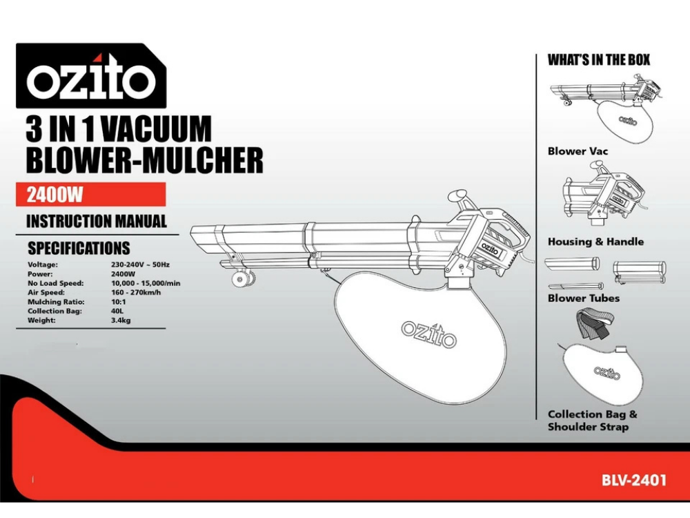 Ozito 3-in-1 Electric Blower Vacuum Mulcher – 40L Capacity