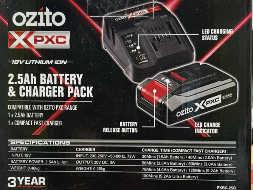 Ozito 18V 2.5Ah Battery & Fast Charger Pack – PXBC-25B