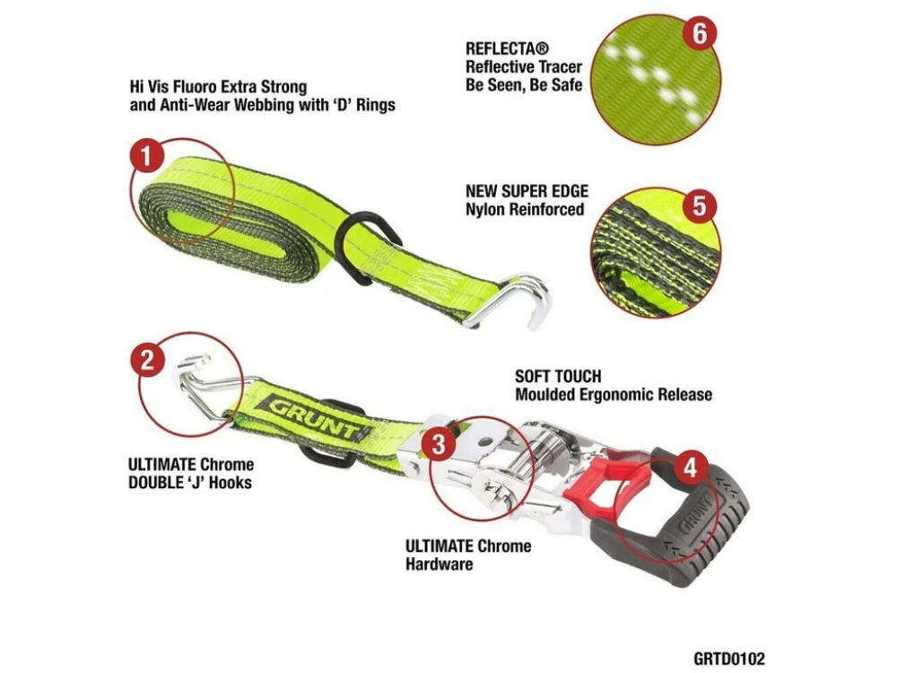 2x Grunt Pro Ratchet Tie Down Straps 38mm x 4m – Retractable Trailer/Truck