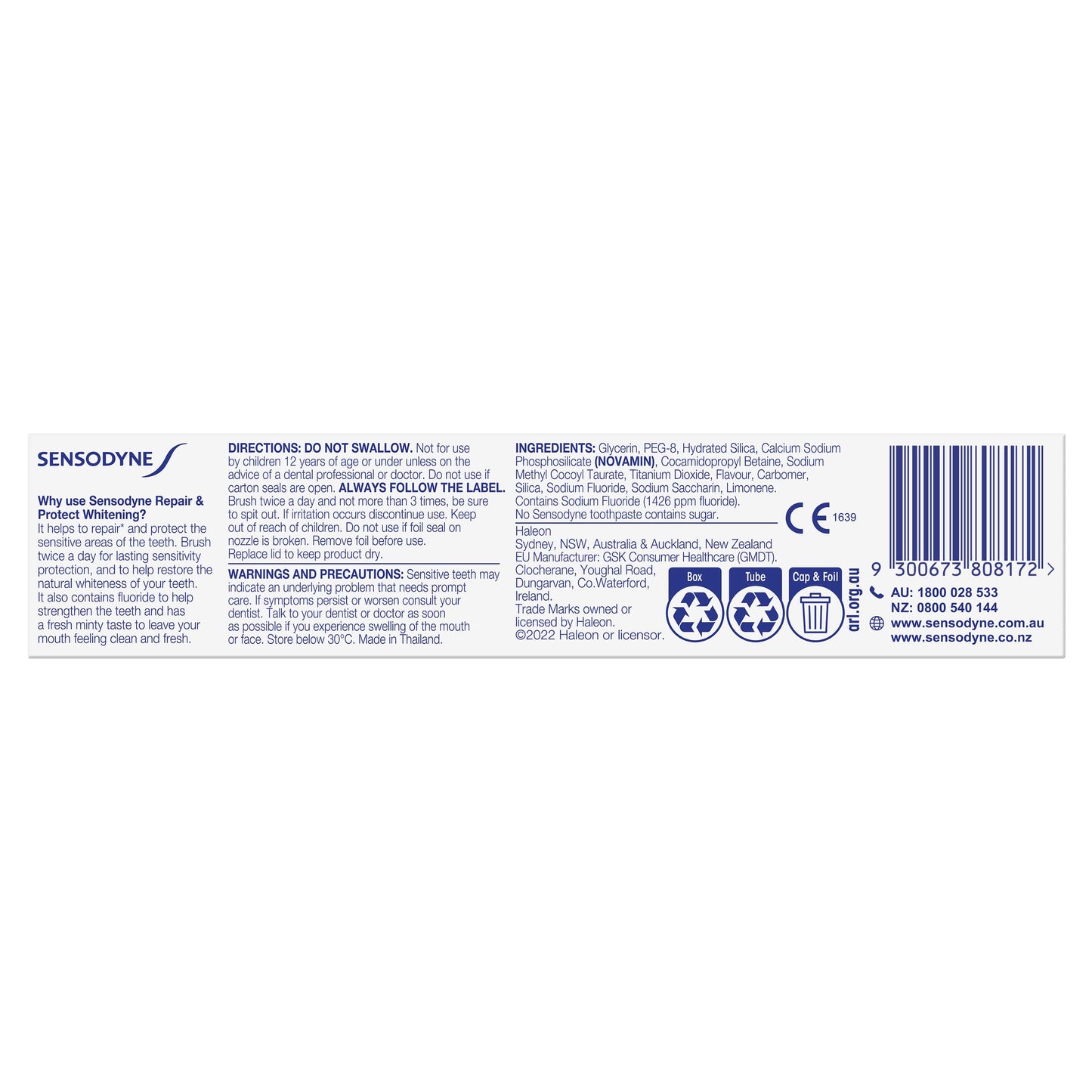 Sensodyne Repair & Protect Fluoride Toothpaste for Sensitive Teeth, Whitening, 3 x 100g (3 Pack)