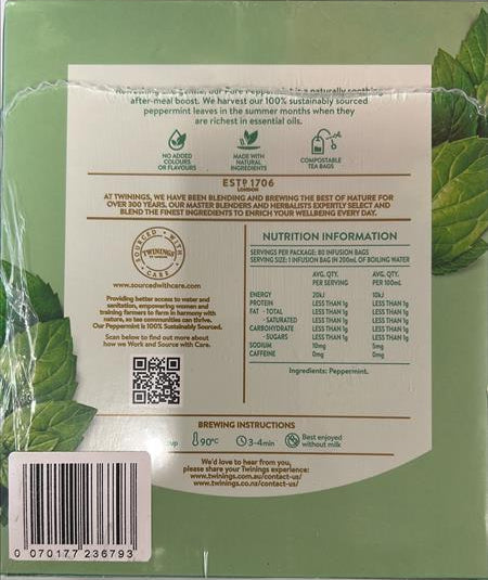 Twinings Pure Peppermint Herbal Tea Bags, Naturally Caffeine Free, 240 Biodegradable Bags (Multipack of 3 x 80) Caffeine Free Herbal Tea for Digestio