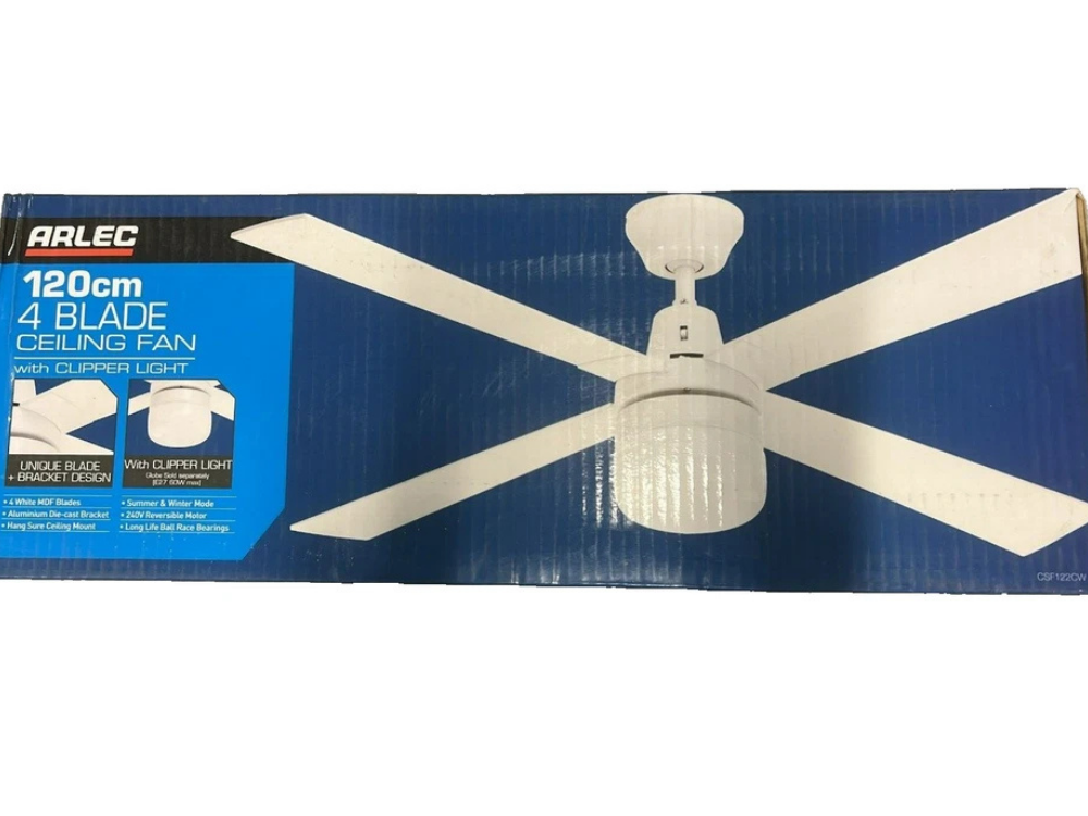 Arlec 120cm White Ceiling Fan with LED Light – 4 Blade, 240V