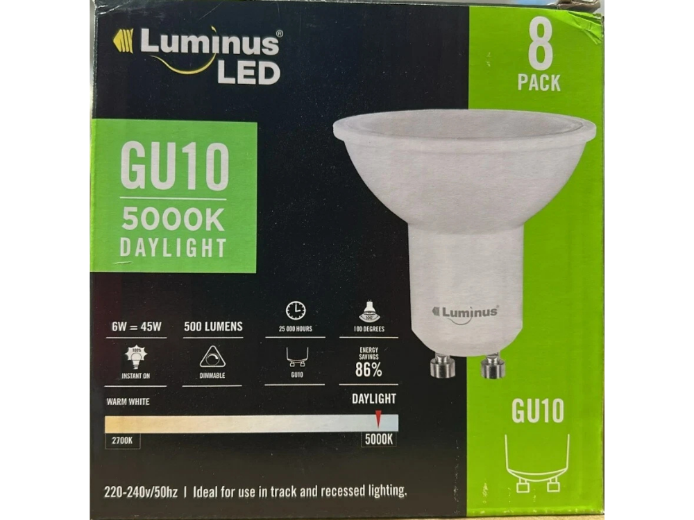 8x Luminus GU10 LED Downlight Bulbs – 6W Dimmable Daylight 5000K, 500LM