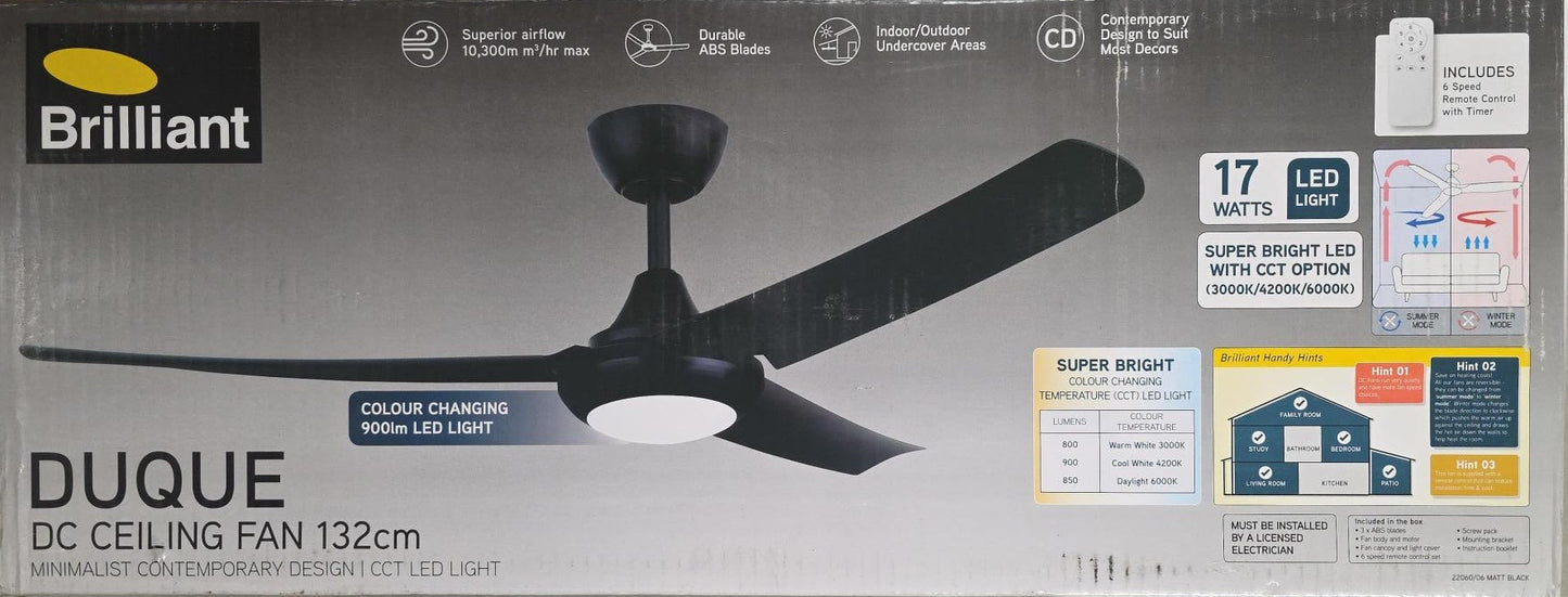 Brilliant Duque 132cm DC Ceiling Fan 3 Blade with LED Light Remote Control Timer Black
