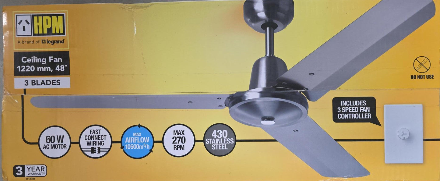 HPM 48" Ceiling Fan 3 Blade Stainless Steel 60W AC Motor Wall Controller 1220mm