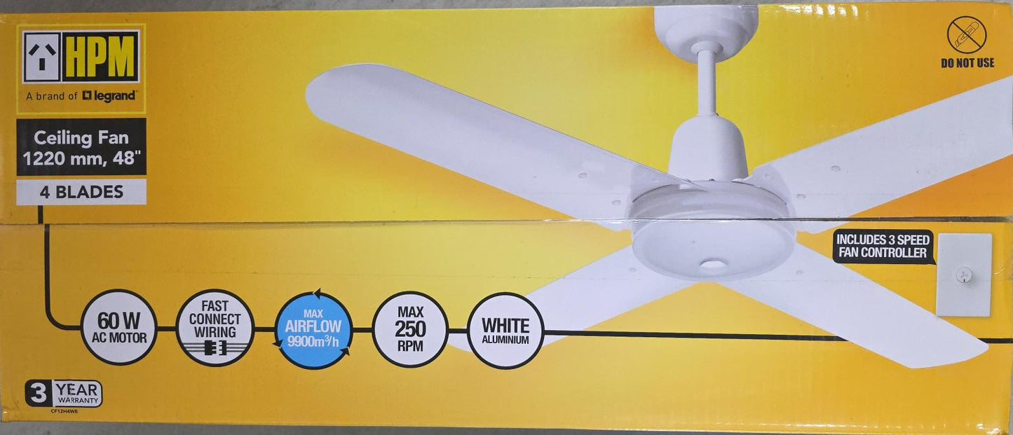 HPM 1220mm 48" Ceiling Fan 4 Blades Aluminum  60W AC Motor White