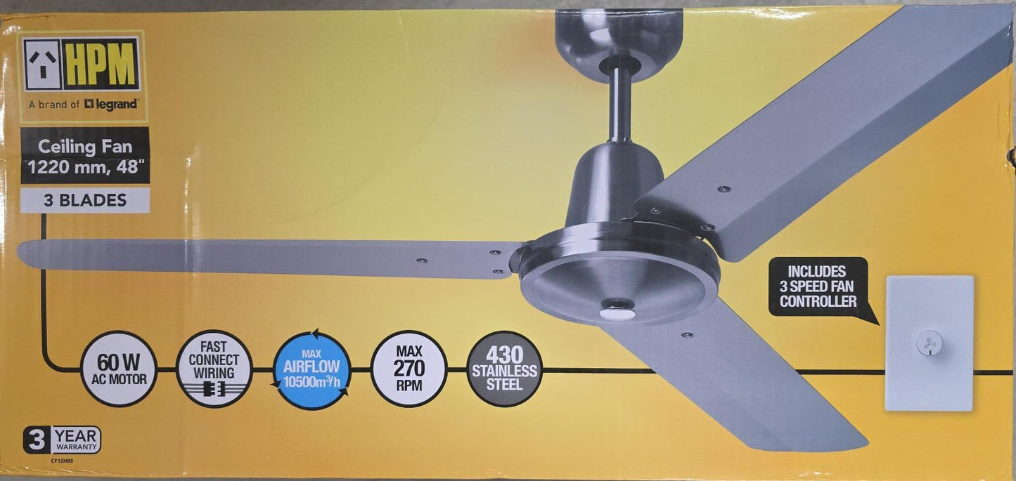 HPM 48" Ceiling Fan 3 Blade Stainless Steel 60W AC Motor Wall Controller 1220mm