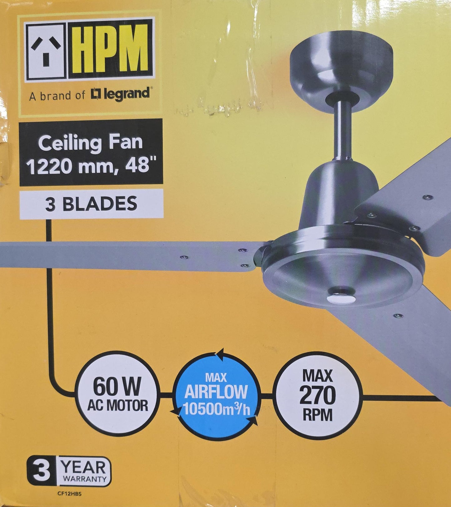 HPM 48" Ceiling Fan 3 Blade Stainless Steel 60W AC Motor Wall Controller 1220mm