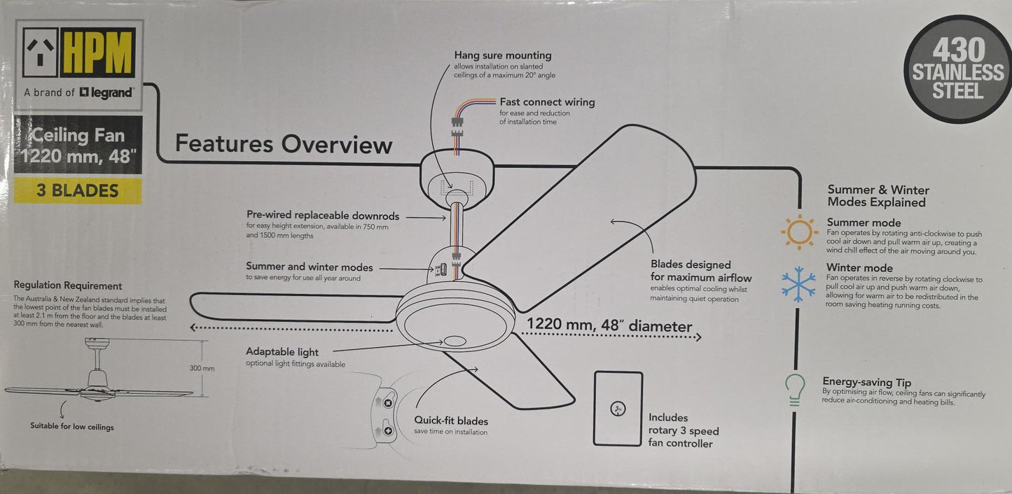 HPM 48" Ceiling Fan 3 Blade Stainless Steel 60W AC Motor Wall Controller 1220mm