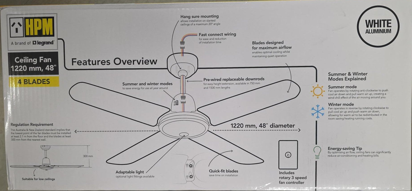 HPM 1220mm 48" Ceiling Fan 4 Blades Aluminum  60W AC Motor White
