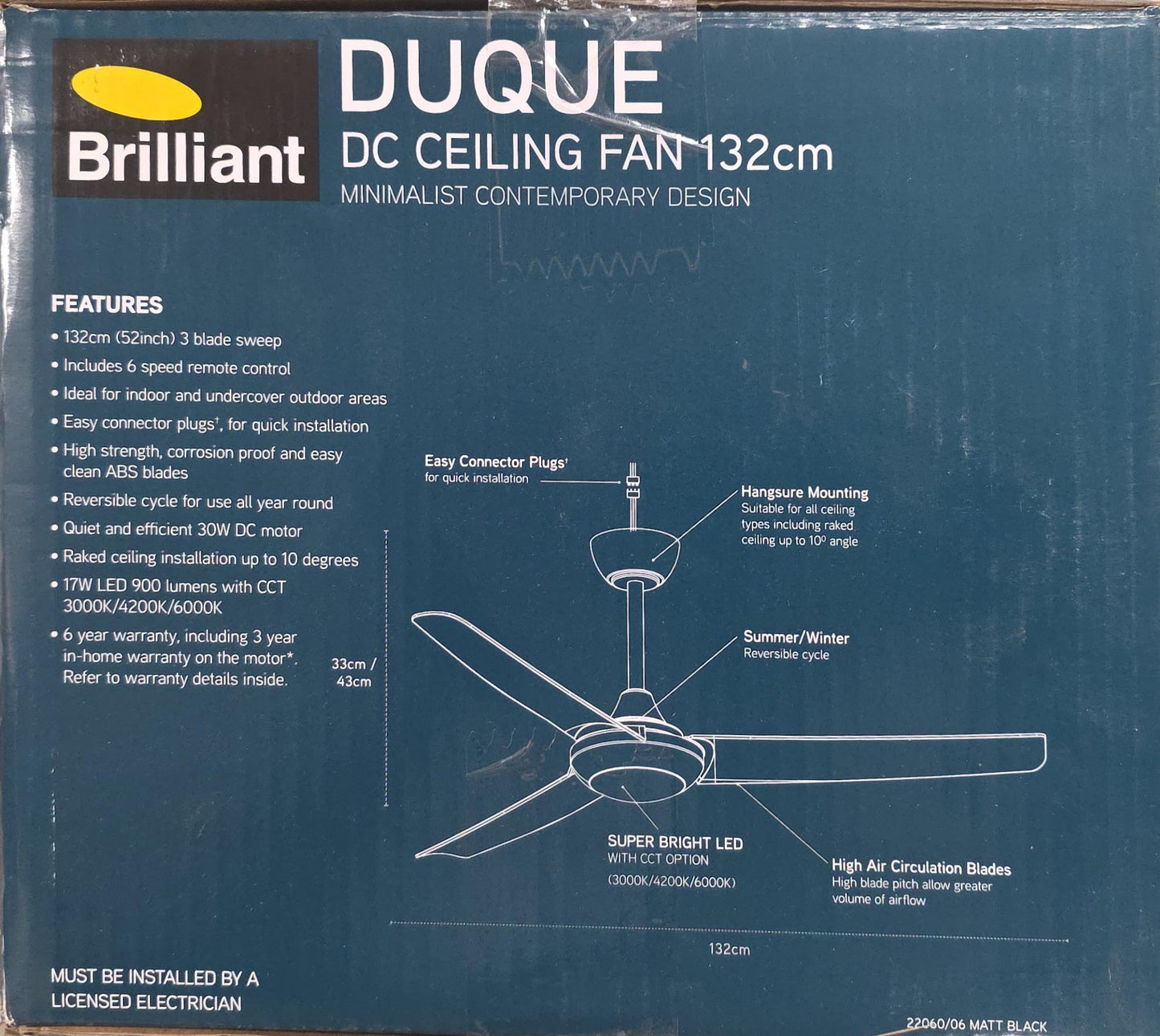 Brilliant Duque 132cm DC Ceiling Fan 3 Blade with LED Light Remote Control Timer Black