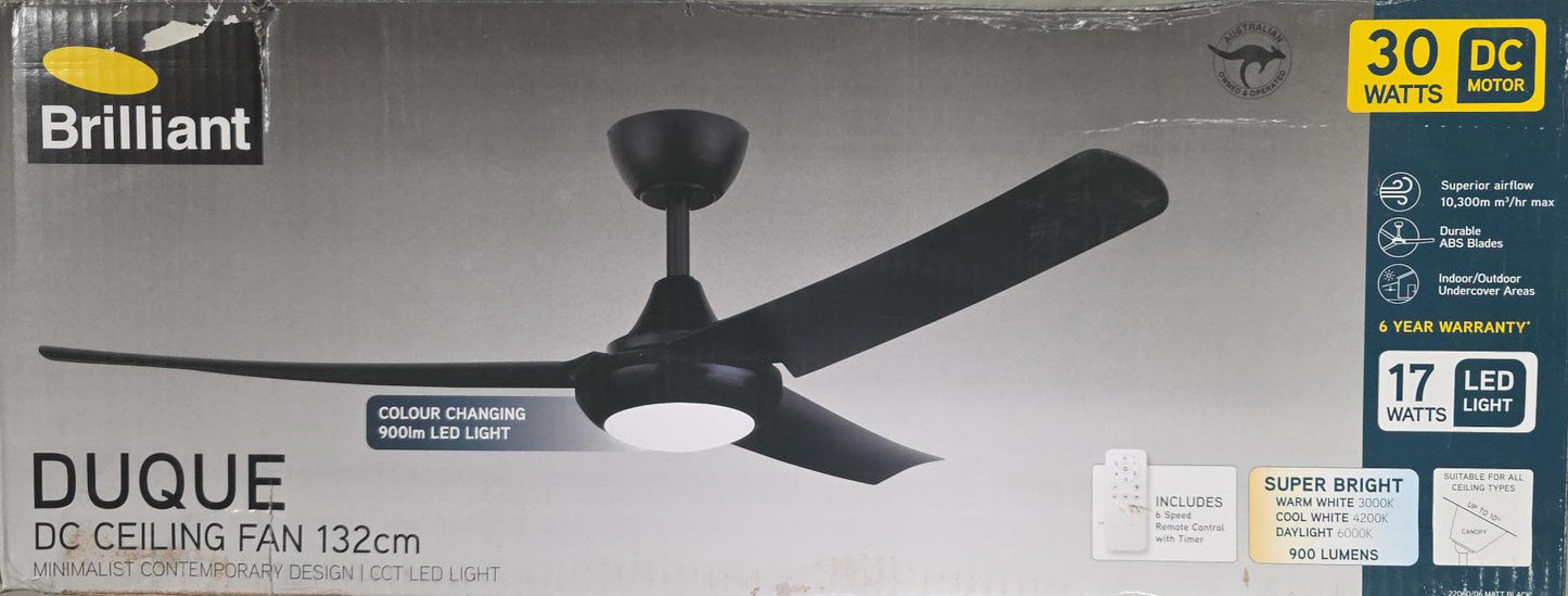Brilliant Duque 132cm DC Ceiling Fan 3 Blade with LED Light Remote Control Timer Black