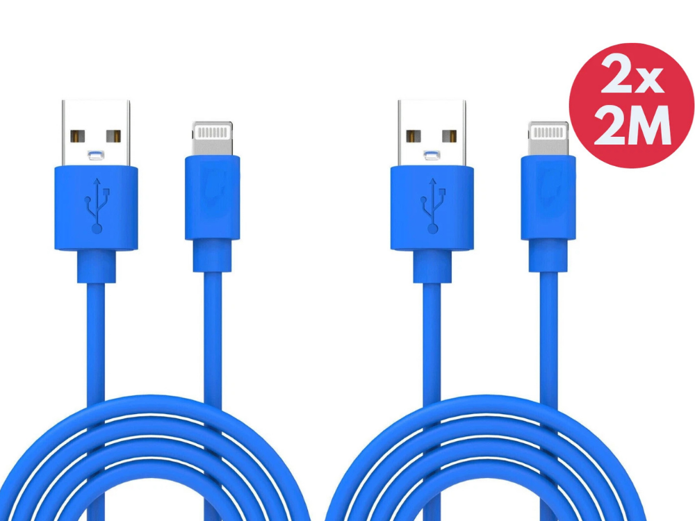2x 2M Blue USB-A Charging Cables – iPhone, iPad, Tablet
