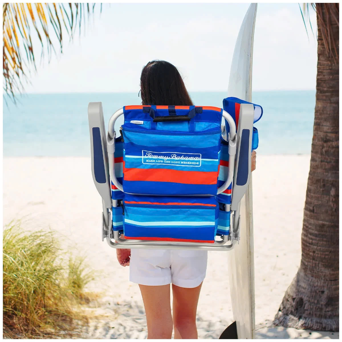 Tommy Bahama 5 Position Aluminium Folding Backpack Beach Chair Red Blue Stripe