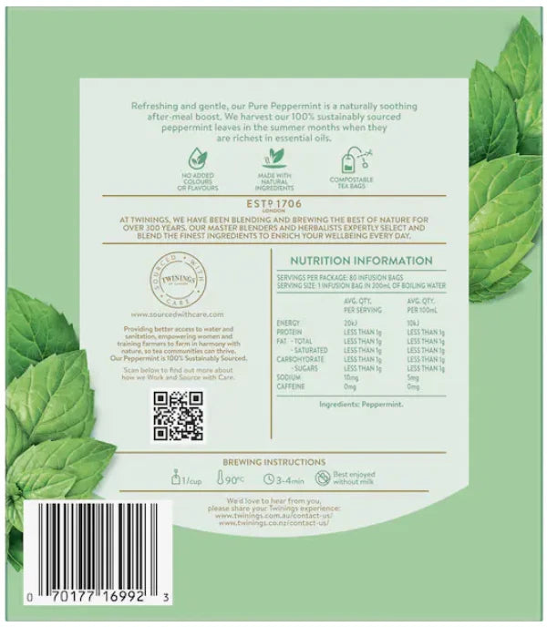 Twinings Pure Peppermint Herbal Tea Bags, Naturally Caffeine Free, 240 Biodegradable Bags (Multipack of 3 x 80) Caffeine Free Herbal Tea for Digestio