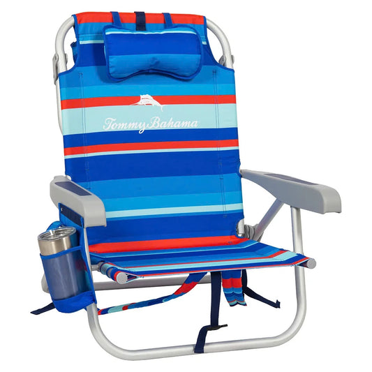 Tommy Bahama 5 Position Aluminium Folding Backpack Beach Chair Red Blue Stripe