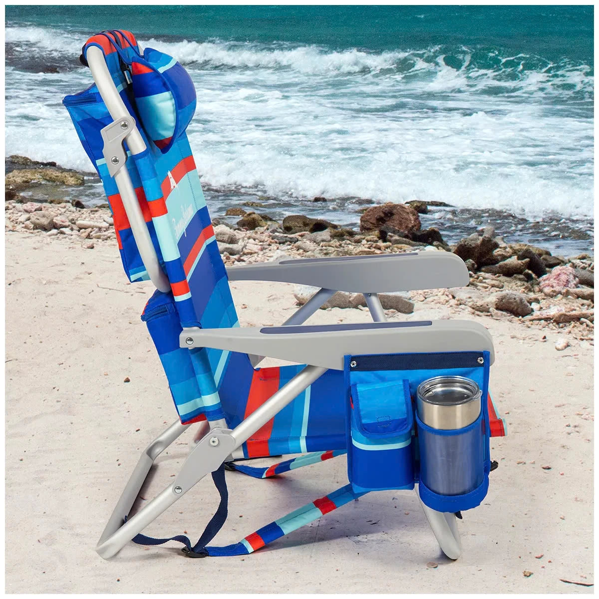 Tommy Bahama 5 Position Aluminium Folding Backpack Beach Chair Red Blue Stripe